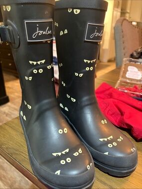 Joules Black Rain Boots with Glow Eye Pattern